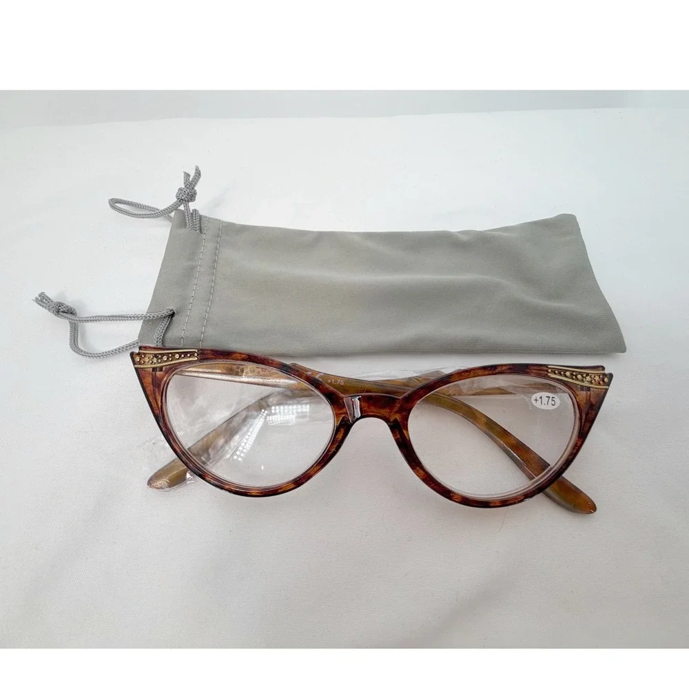 Tortoise Cat Eye Reading Glasses +1.75 Gold Rhinestone Accents Retro 103-124
